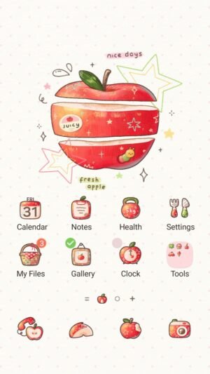 Samsung Themes: ❤️Mun❤️ Juicy Red Apple ~❤️ Premium Theme sliced red apple illustration with stars and cute text labels screen shot 0