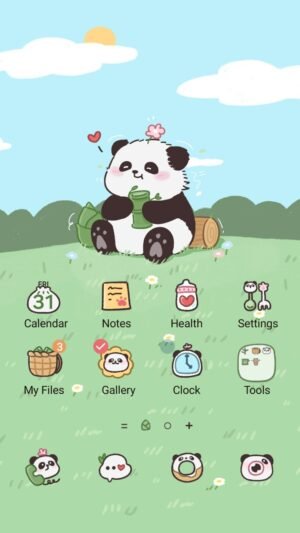 Samsung Themes: ❤️Mun❤️ Panda Picnic Day ~❤️ Premium Theme a cute panda relaxing outdoors, enjoying bamboo in a peaceful grassy field screen shot 0