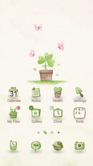 Samsung Themes: ❤️Mun❤️ Simple Clover Animated ~❤️ Premium Animated Theme minimalist watercolor drawing of a potted plant and butterflies screen shot 0