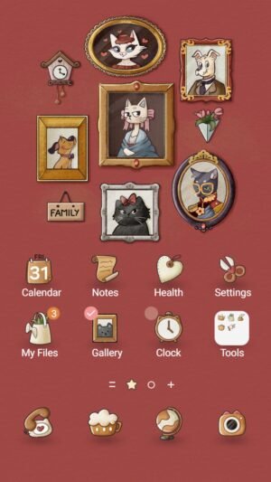 Samsung Themes: ❤️Mun❤️ Cat Family portraits ~❤️ Premium Theme a creative wall of framed cat illustrations styled like a warm family gallery screen shot 0