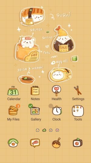 Samsung Themes: ❤️Mun❤️ Kawaii Sushi ~❤️ Premium Theme adorable sushi characters with playful labels on a warm grid background screen shot 0