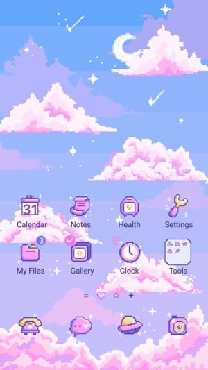 Samsung Themes: ❤️Mun❤️ Pixel Sky ~❤️ Premium Theme pixel clouds floating across a soft pastel sky with gentle sparkles screen shot 0