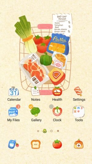 Samsung Themes: ❤️Mun❤️ Cozy Grocery Cart ~❤️ Premium Theme a warm illustrated grocery cart filled with ingredients for comforting home cooking screen shot 0