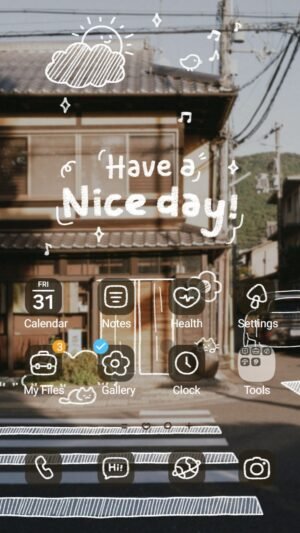 Samsung Themes: ❤️Mun❤️ Quiet Street Day ~❤️ Premium Theme warm neighborhood scene with hand drawn doodles and a gentle daily message screen shot 0