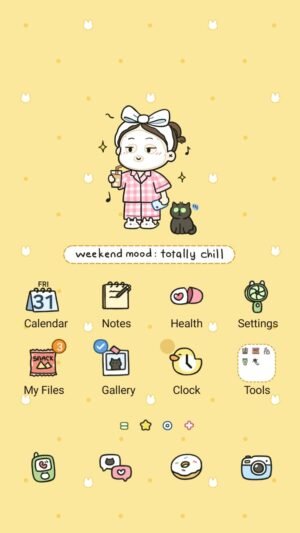 Samsung Themes: ❤️Mun❤️ Weekend Chill Girl ~❤️ Premium Theme relaxed pajama girl with coffee and cat in cozy weekend vibes screen shot 0