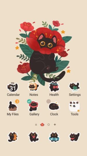 Samsung Themes: ❤️Mun❤️ Flower Cat ~❤️ Premium Theme adorable black cat sitting among bright blooming flowers and leaves screen shot 0