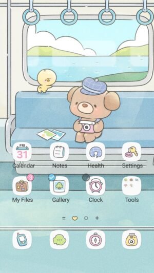 Samsung Themes: ❤️Mun❤️ Bear Subway ~❤️ Premium Theme a tiny bear sitting on a blue subway seat holding a camera while traveling screen shot 0