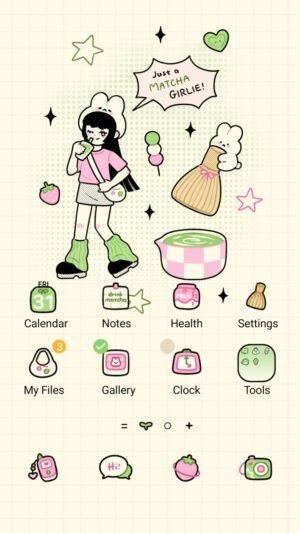 Samsung Themes: ❤️Mun❤️ Matcha Girl Y2K ~❤️ Premium Theme retro Y2K girl with matcha latte and dango screen shot 0