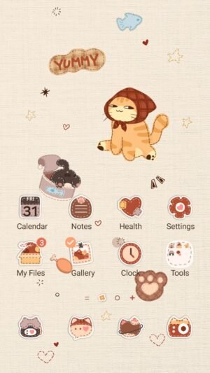 Samsung Themes: ❤️Mun❤️ Cozy Stitch Cats ~❤️ Premium Theme cute patchwork kittens on a cozy linen background screen shot 0