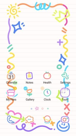 Samsung Themes: ❤️Mun❤️ Bright Doodle Frame ~❤️ Premium Theme vibrant hand-drawn doodles on a lined notebook background screen shot 0