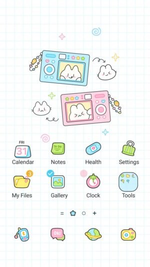 Samsung Themes: ❤️Mun❤️ Bunny Camera Cute ~❤️ Premium Theme adorable bunny toy cameras on a light blue grid screen shot 0