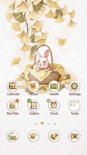 Samsung Themes: [Sim] Bunny Basket ~ Premium Theme a gentle bunny resting in a basket beneath falling golden leaves screen shot 0