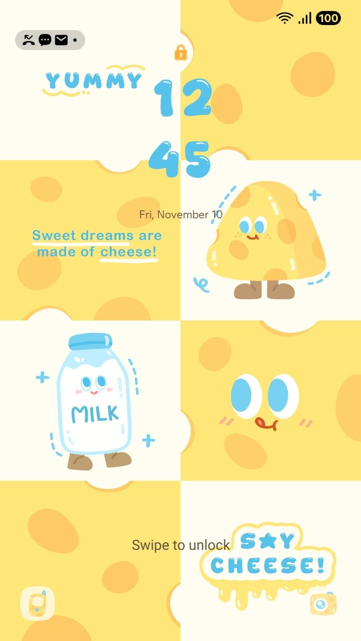 ❤️Mun❤️ Cute Cheese ~❤️ Premium Theme cute cheese and milk illustrations in a soft yellow grid