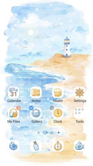 Samsung Themes: ❤️Mun❤️ Dreamy Lighthouse Coast ~❤️ Premium Theme serene watercolor lighthouse by the sparkling blue sea screen shot 0
