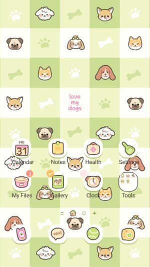 Samsung Themes: ❤️Mun❤️ Puppy Pattern Stickers ~❤️ Premium Theme cute hand-drawn puppies on a green checkerboard pattern screen shot 0