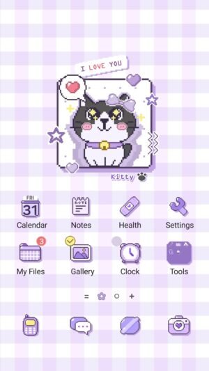 Samsung Themes: ❤️Mun❤️ Pixel Love Cat ~❤️ Premium Theme A sweet pixel cat with a purple checkered aesthetic screen shot 0