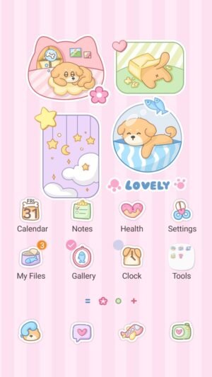 Samsung Themes: ❤️Mun❤️ Lovely Puppy Diary ~❤️ Premium Theme cute puppy moments on a soft pink striped background screen shot 0