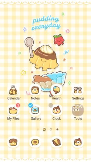 Samsung Themes: ❤️Mun❤️ Cute Everyday Pudding ~❤️ Premium Theme a sweet and cute yellow gingham pudding illustration theme screen shot 0