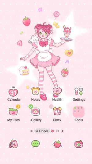 Samsung Themes: ❤️Mun❤️ Sweet Strawberry Maid ~❤️ Premium Theme see a cute pastel anime maid serving sweet treats screen shot 0