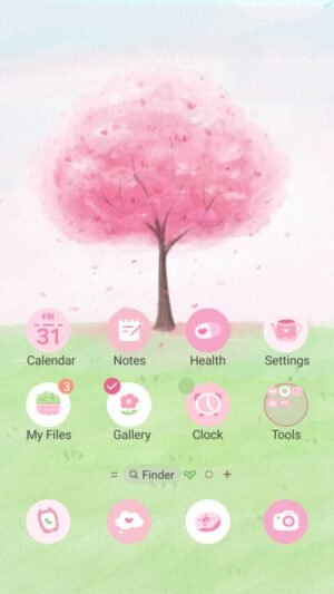 Samsung Themes: ❤️Mun❤️ Pink Tree Field ~❤️ Premium Theme peaceful watercolor landscape featuring a blooming pink tree screen shot 0