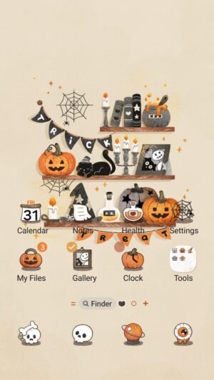 Samsung Themes: ❤️Mun❤️ Halloween Shelf Deco ~❤️ Premium Theme cozy shelves with spooky pumpkins and a black cat screen shot 0