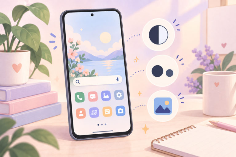 Samsung phone readability checklist with clear icons and balanced light and dark colors