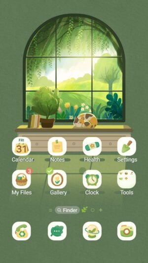 Samsung Themes: ❤️Mun❤️ Sunny Window Cat ~❤️ Premium Theme with a peaceful cat resting by a sunny green window screen shot 0