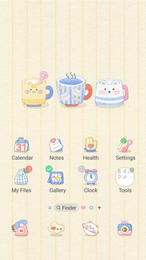 Samsung Themes: ❤️Mun❤️ Sweet Animal Mugs ~❤️ Premium Theme see cute animal cups on a soft yellow background screen shot 0