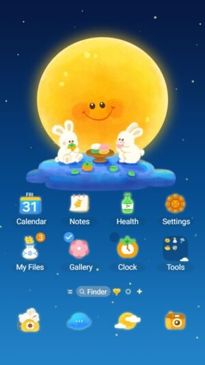 Samsung Themes: ❤️Mun❤️ Moon Bunny Night ~❤️ Premium Theme cute bunnies enjoying treats under a glowing full moon screen shot 0