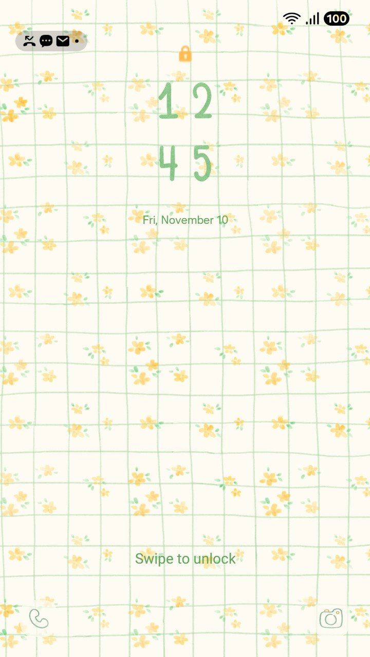 Samsung Themes: ❤️Mun❤️ Yellow Floral Grid ~❤️ Premium Theme see gentle yellow flowers on a soft green grid screen shot 1