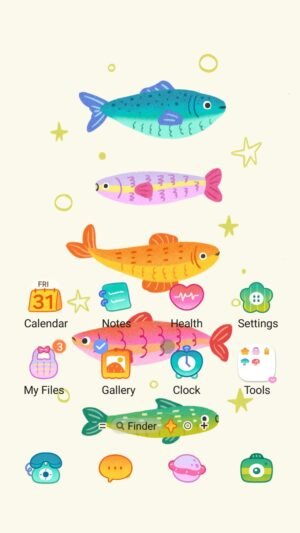 Samsung Themes: ❤️Mun❤️ Colorful Little Fish ~❤️ Premium Theme about cute hand-drawn fish and stars for your screen screen shot 0