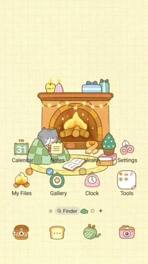 Samsung Themes: ❤️Mun❤️ Cozy Cat Fireplace ~❤️ Premium Theme about this cute cat resting by the warm fireplace screen shot 0