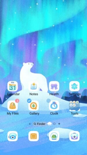 Samsung Themes: ❤️Mun❤️ Arctic Aurora Bear ~❤️ Premium Theme with painterly polar bear watching the glowing northern lights screen shot 0