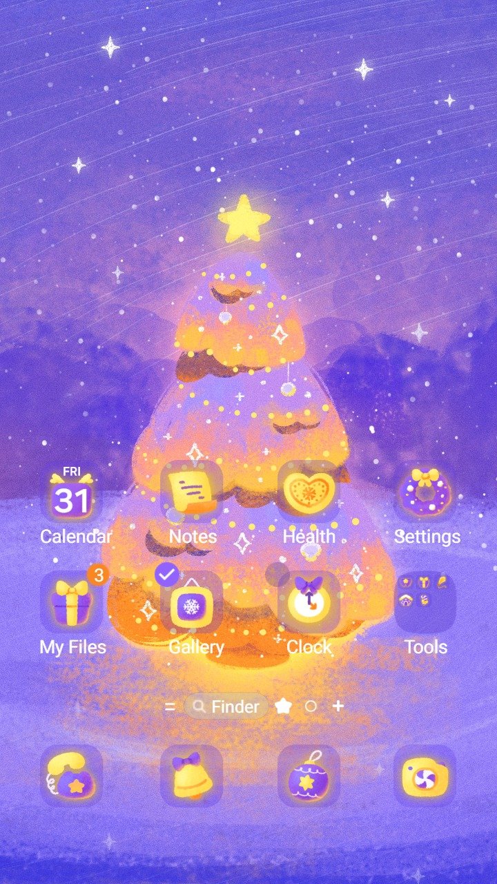 Samsung Themes: ❤️Mun❤️ Glowing Christmas Tree ~❤️ Premium Theme painterly glowing holiday tree in a starry winter night screen shot 0