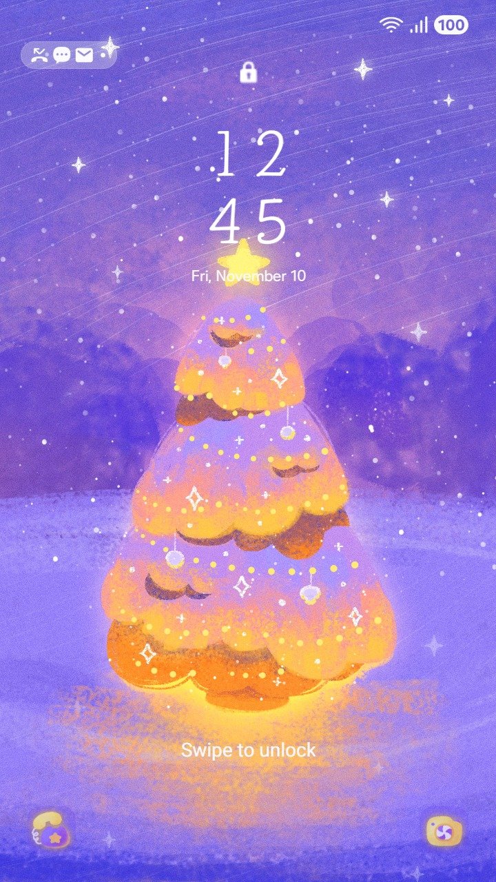 Samsung Themes: ❤️Mun❤️ Glowing Christmas Tree ~❤️ Premium Theme painterly glowing holiday tree in a starry winter night screen shot 1