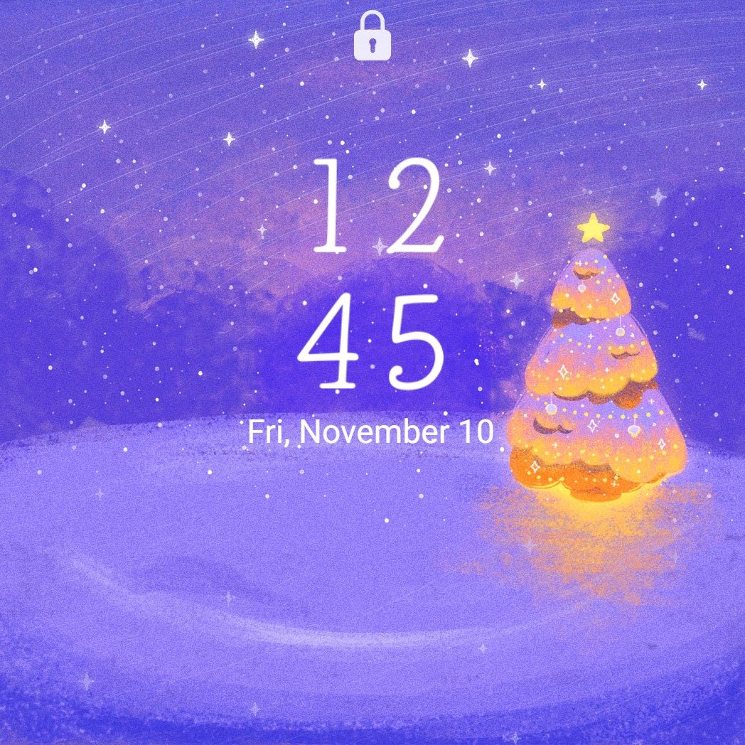 Samsung Themes: ❤️Mun❤️ Glowing Christmas Tree ~❤️ Premium Theme painterly glowing holiday tree in a starry winter night screen shot 7