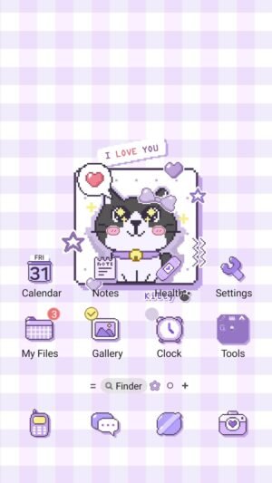 Samsung Themes: ❤️Mun❤️ Pixel Love Cat Animated ~❤️ Premium Animated Theme cute pixel art kitty on a pastel purple background screen shot 0