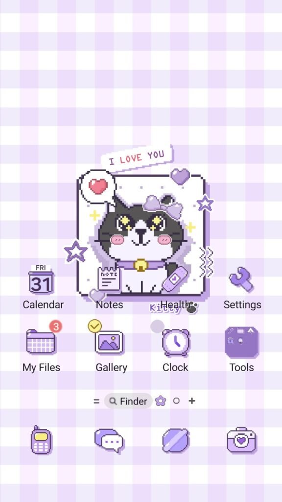 Samsung Themes: ❤️Mun❤️ Pixel Love Cat Animated ~❤️ Premium Animated Theme cute pixel art kitty on a pastel purple background screen shot 0