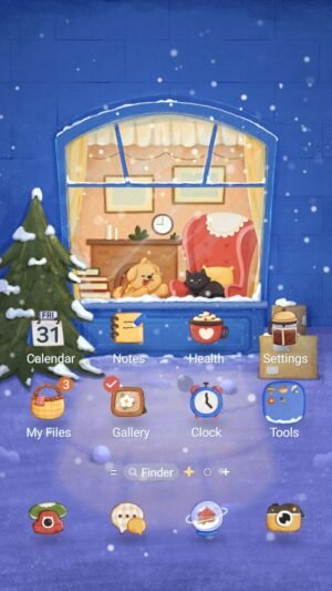 Samsung Themes: [Sim] Cozy Winter Night ~ Premium Theme cozy winter scene with pets by the fireplace screen shot 0