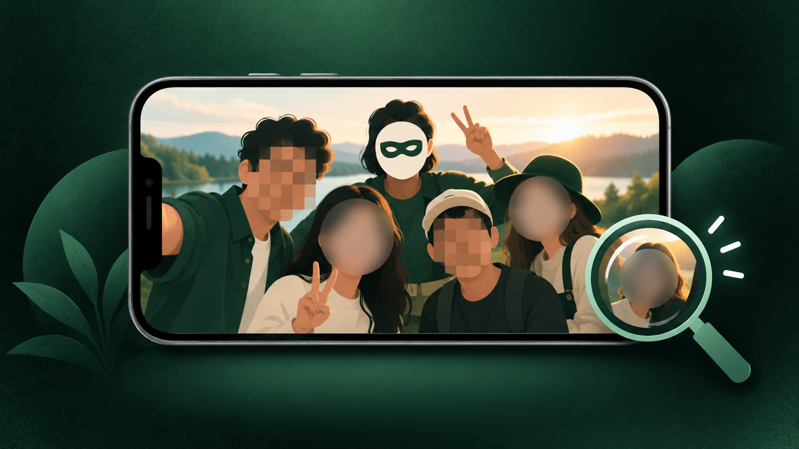 Phone showing a group photo with faces covered by blur, pixels, and a privacy mask while a magnifying glass checks the result