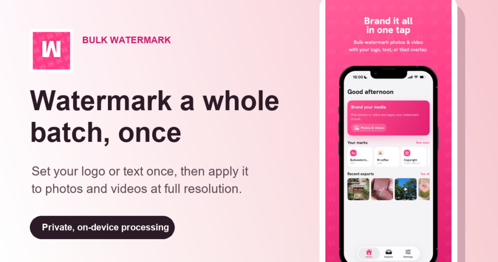 Bulk Watermark app showing a reusable watermark setup for a batch of photos and videos