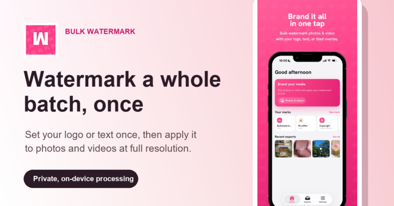 Bulk Watermark app showing a reusable watermark setup for a batch of photos and videos