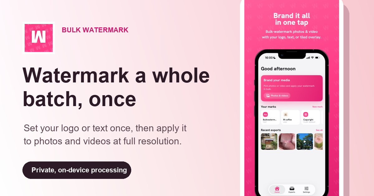 Bulk Watermark app showing a reusable watermark setup for a batch of photos and videos