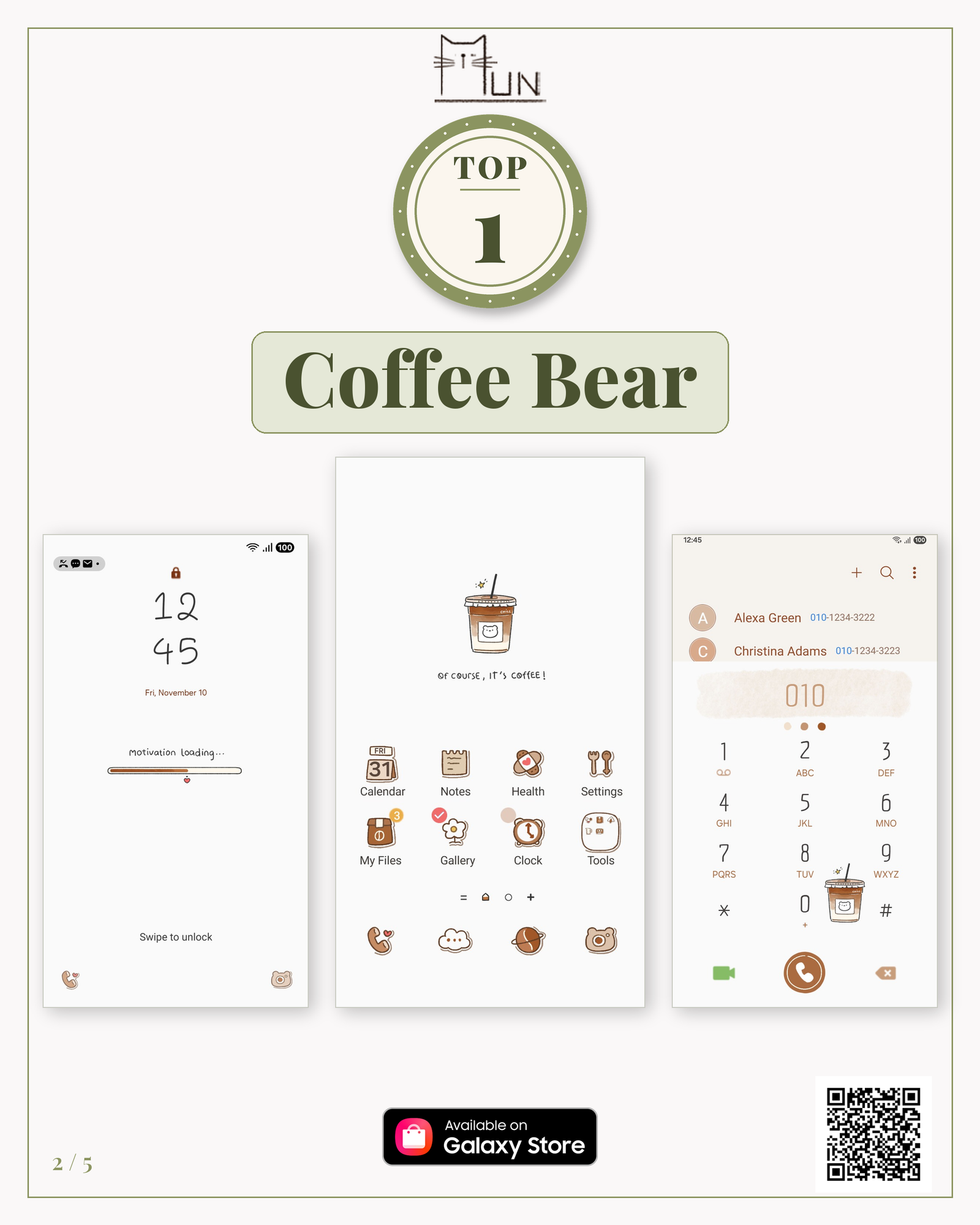 Coffee Bear Samsung Galaxy theme with a minimal coffee wallpaper, custom icons, and matching phone screen