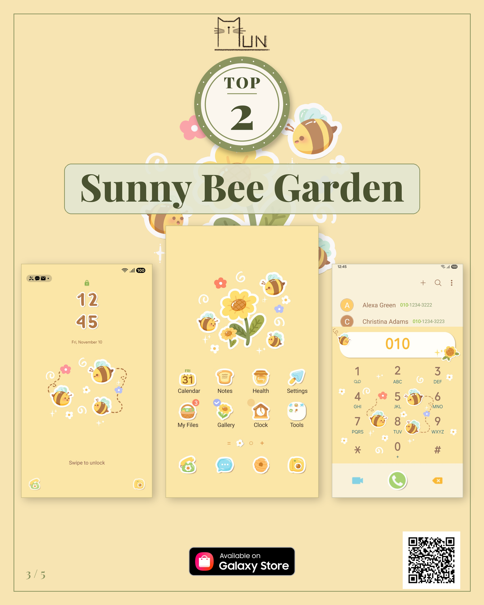 Sunny Bee Garden Samsung Galaxy theme with bees, sunflowers, pastel yellow wallpaper, and colorful icons