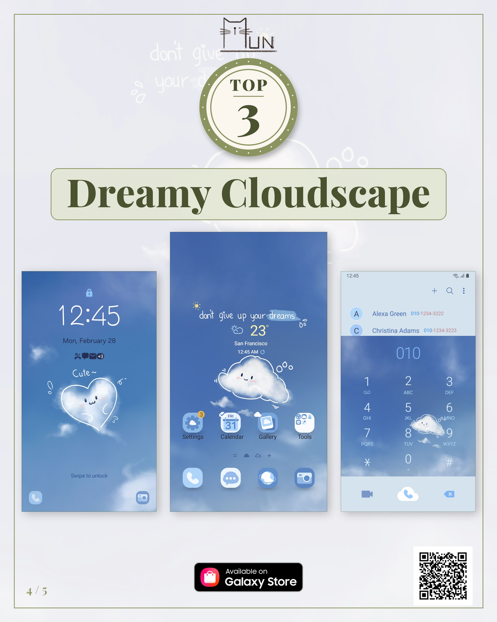 Dreamy Cloudscape Samsung Galaxy theme with blue clouds, white doodles, matching icons, and a coordinated phone screen