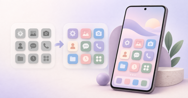 Android phone with coordinated pastel custom icons beside a before and after icon set