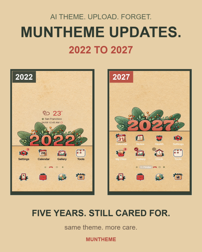 Side-by-side comparison of the MunTheme Samsung theme in its 2022 and 2027 versions