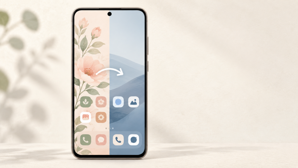 Galaxy phone illustration changing from a floral theme to a simple default look