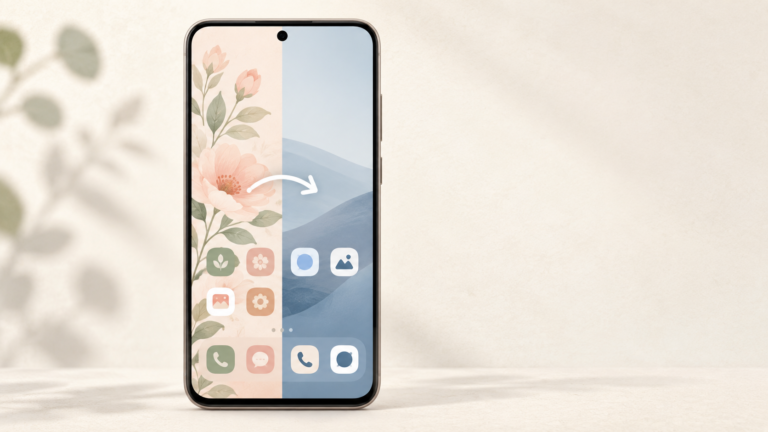 Galaxy phone illustration changing from a floral theme to a simple default look
